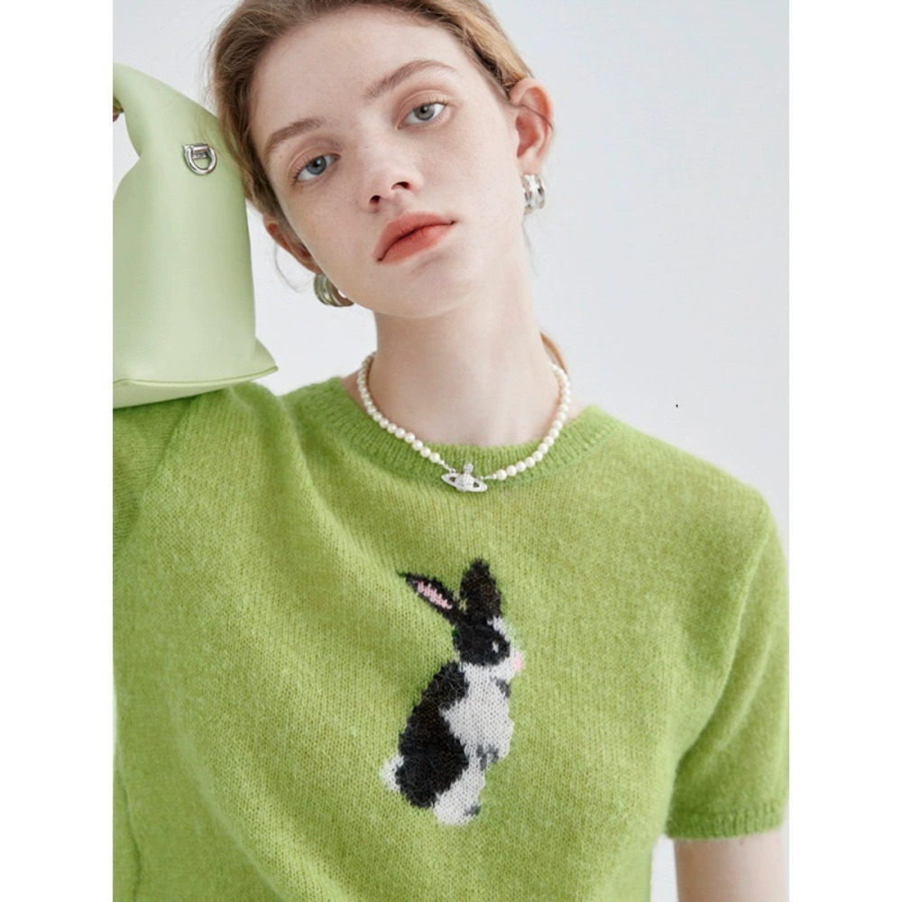 ZARA Bunny Jacquard Embroidery Crew Neck Short Sleeve Solid Knit Tee